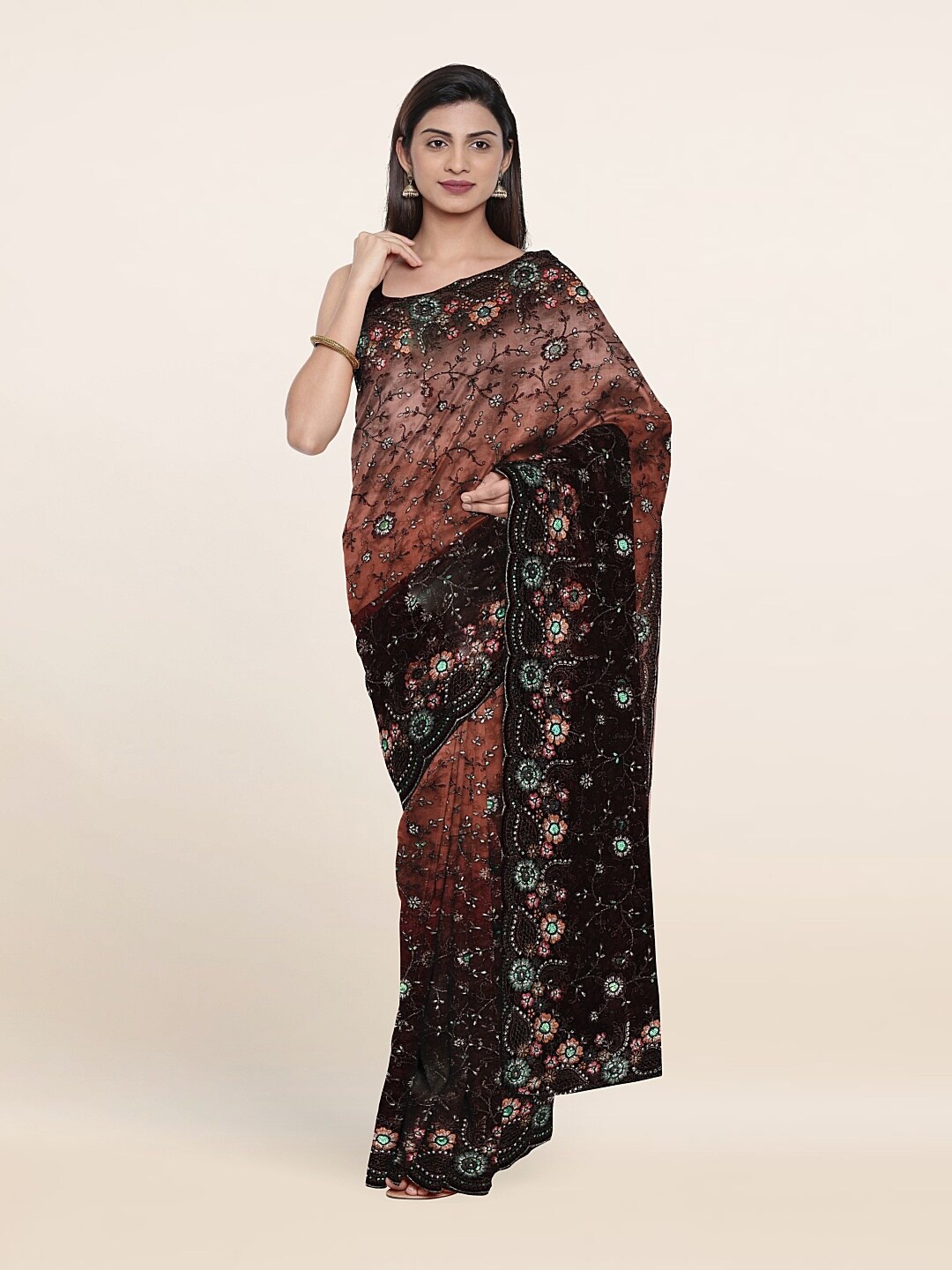

Pothys Coffee Brown & Peach-Coloured Floral Embroidered Net Saree
