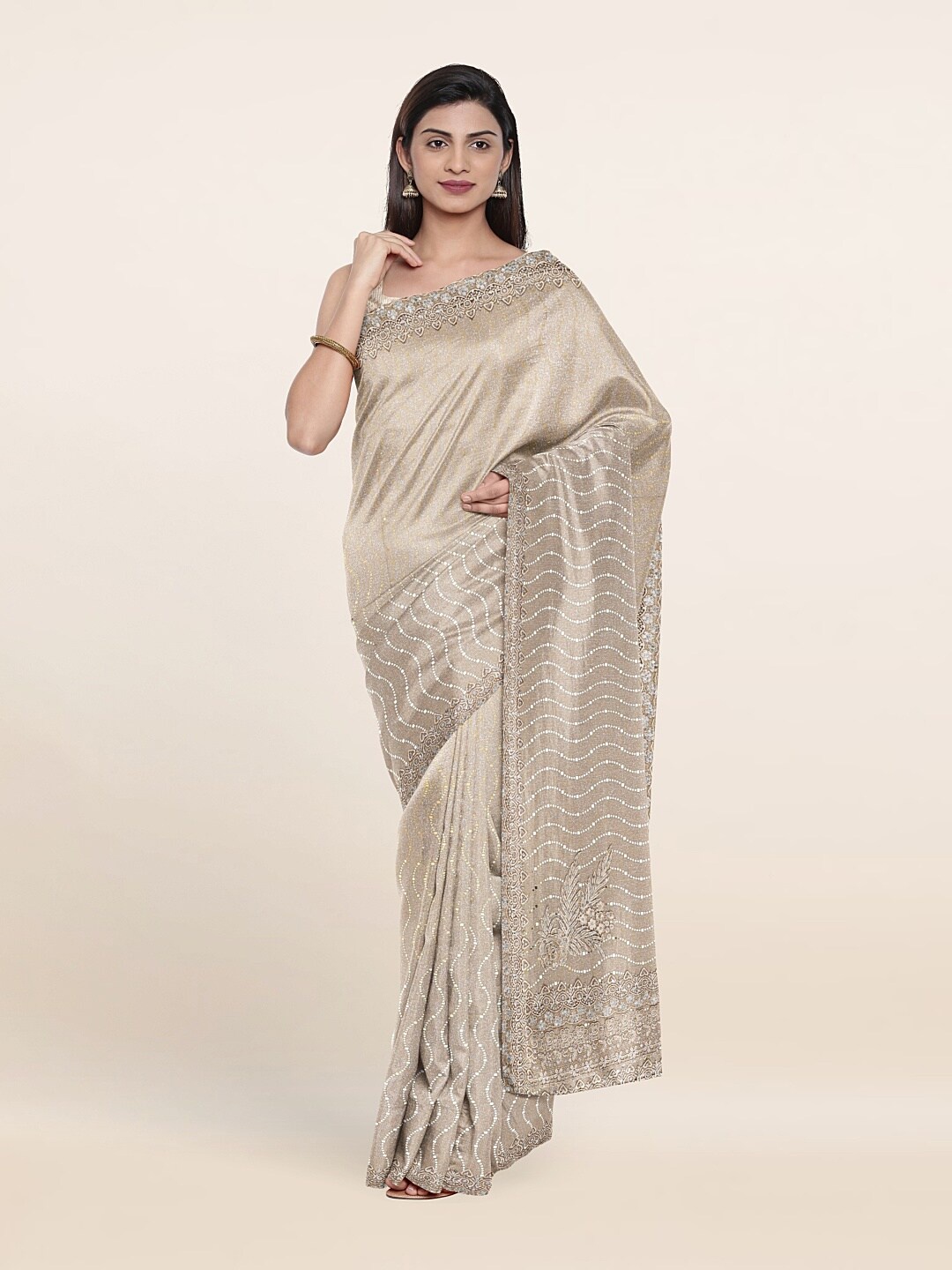 

Pothys Cream-Coloured & White Embellished Beads and Stones Saree