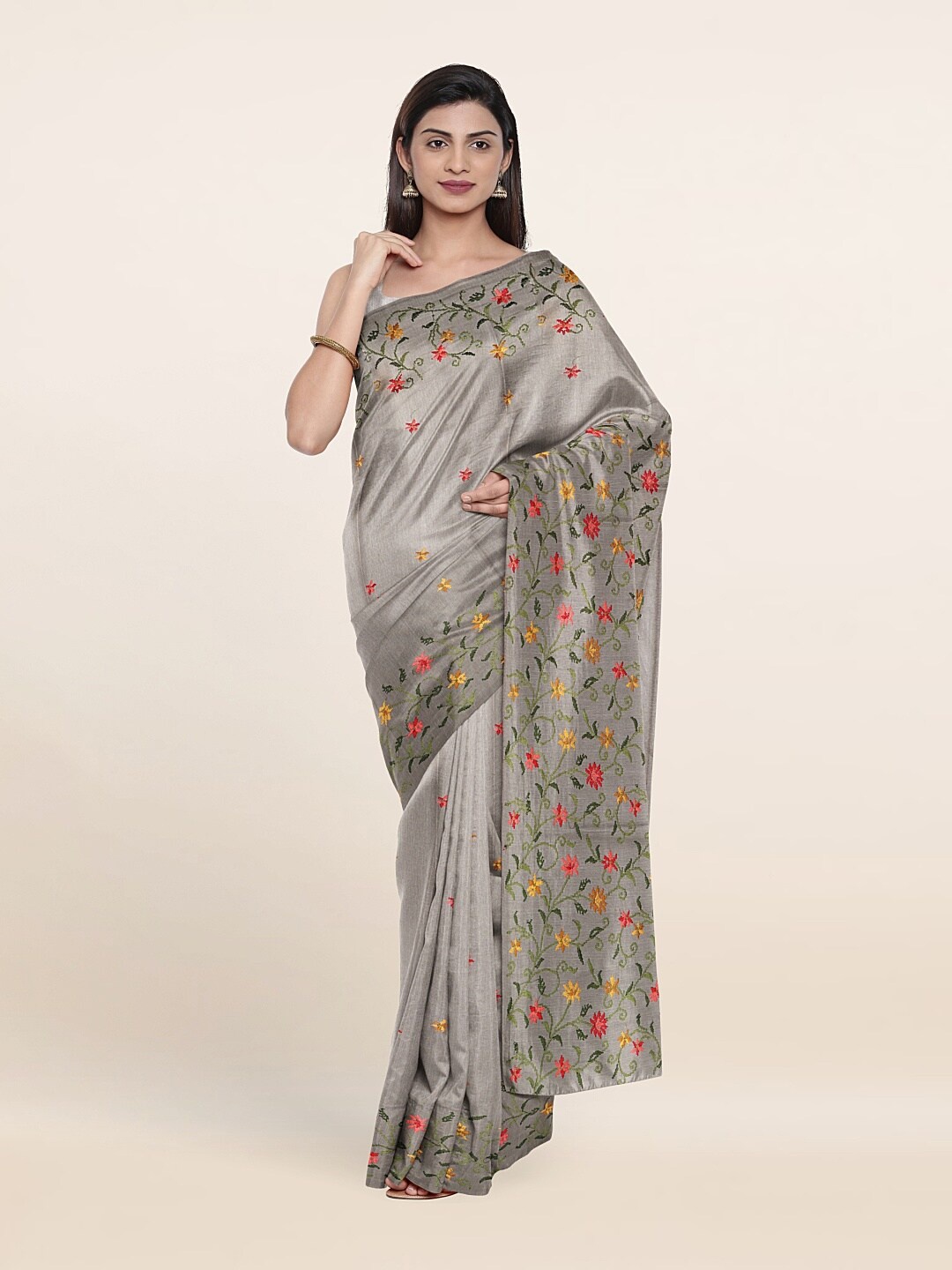 

Pothys Grey & Red Floral Jute Silk Saree