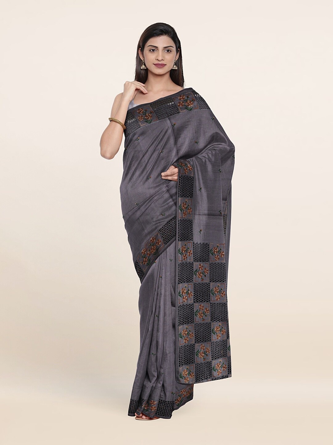 

Pothys Grey & Brown Floral Embroidered Jute Silk Saree