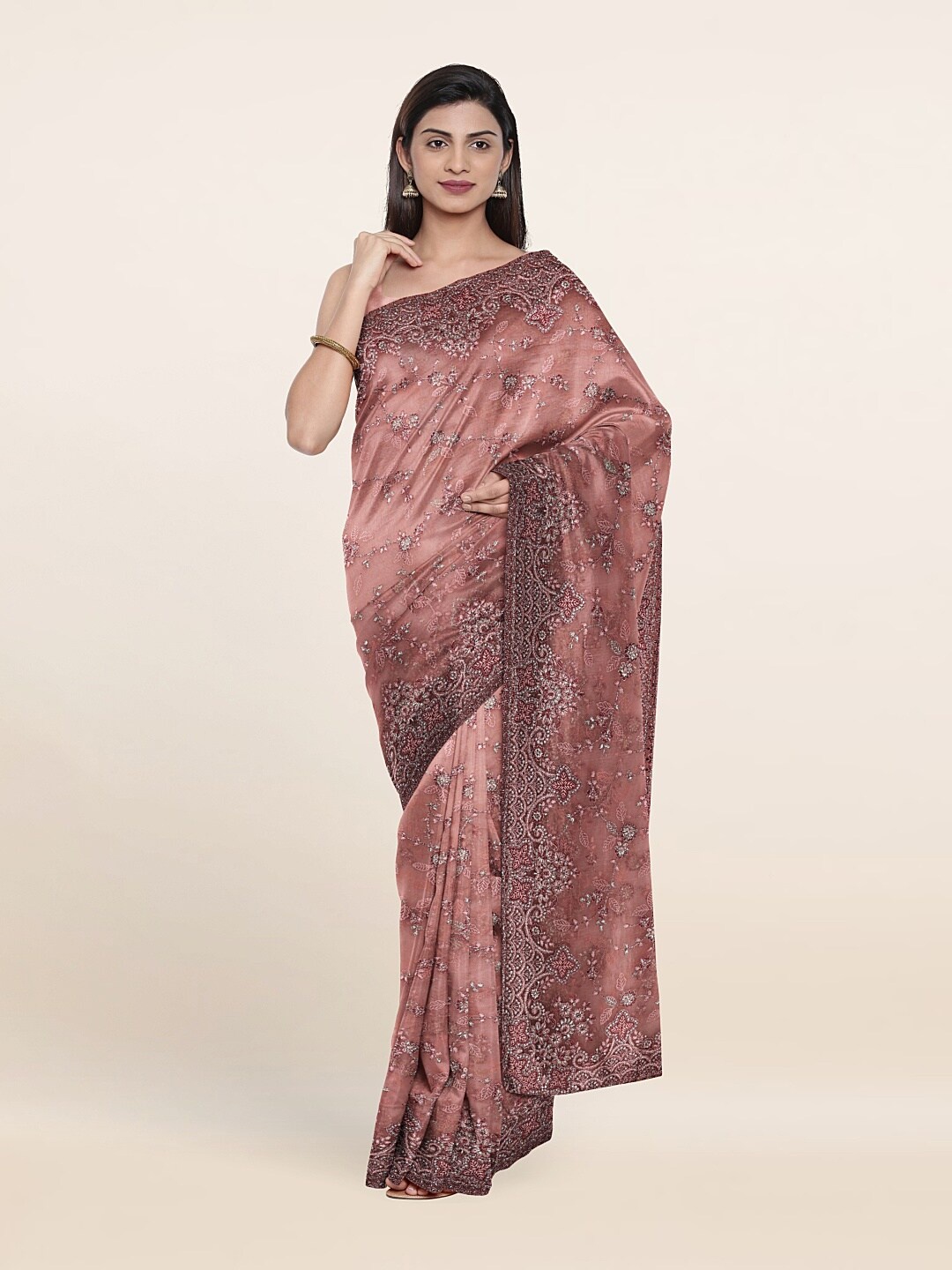 

Pothys Pink & Maroon Floral Embroidered Net Saree