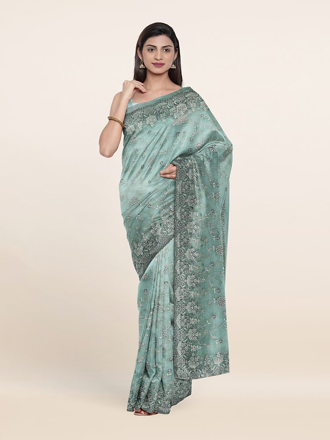 

Pothys Blue & Grey Floral Embroidered Net Saree