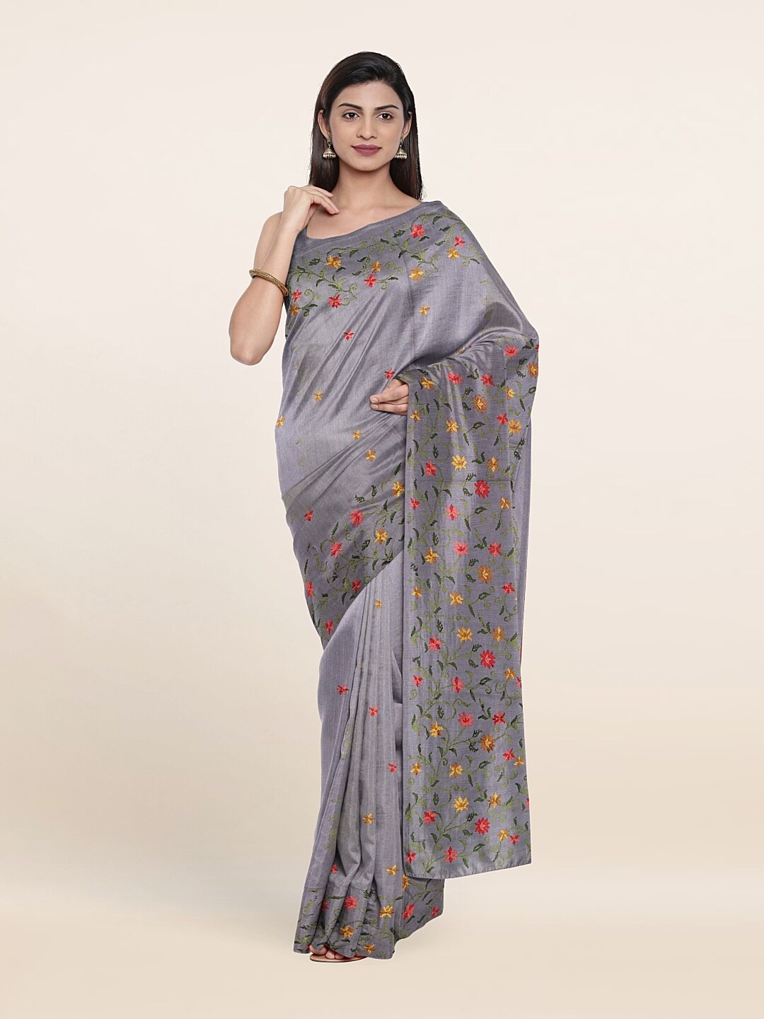 

Pothys Grey & Yellow Floral Embroidered Jute Silk Saree