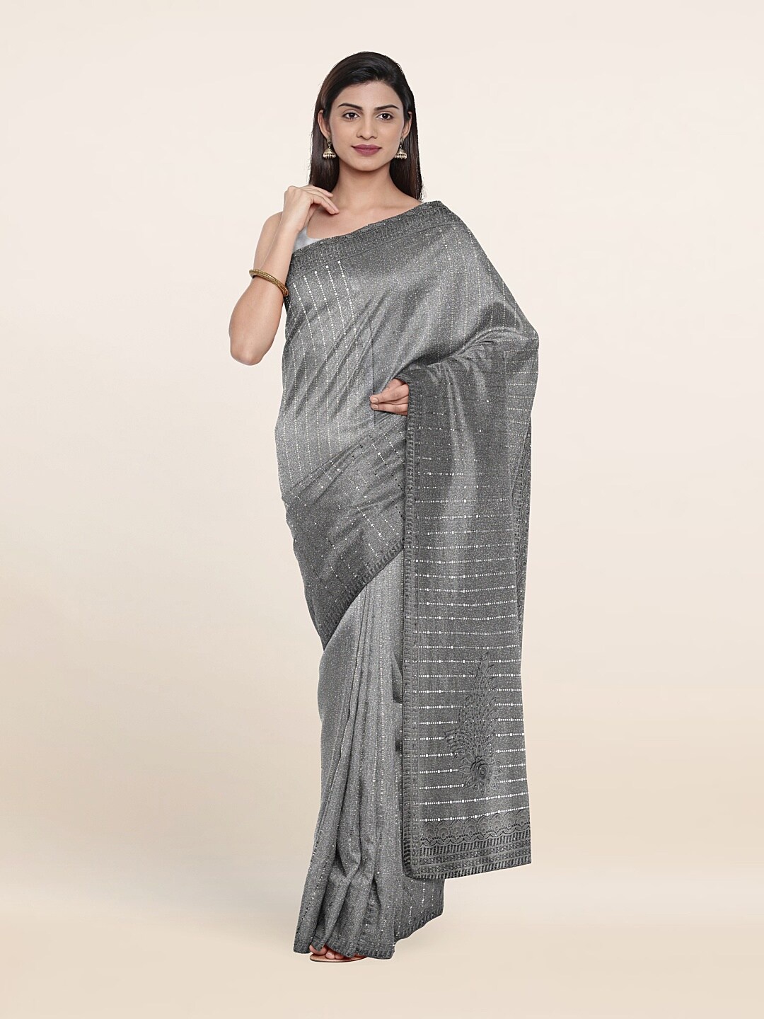 

Pothys Grey & White Embellished Beads and Stones Saree