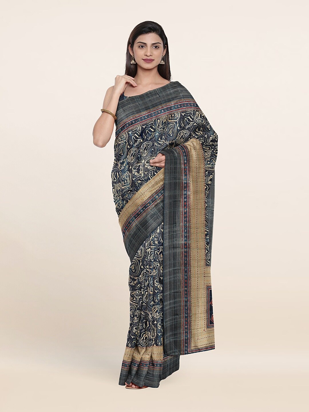 

Pothys Blue & Red Floral Jute Silk Saree