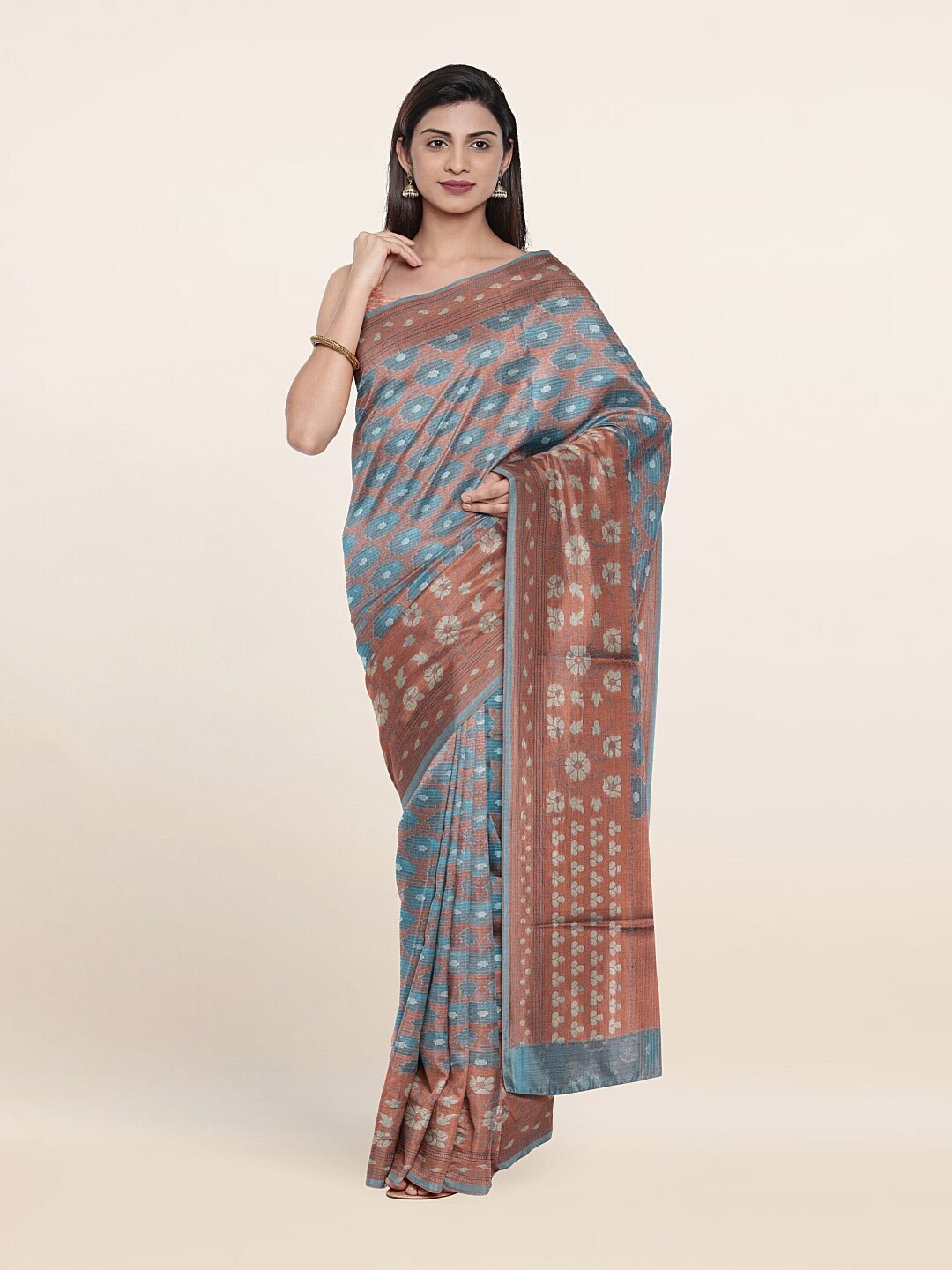 

Pothys Blue & Copper-Toned Ethnic Motifs Zari Jute Silk Saree