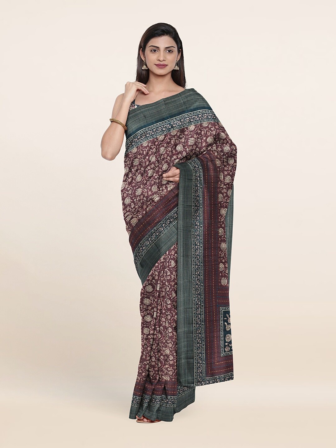 

Pothys Brown & Grey Floral Jute Silk Saree