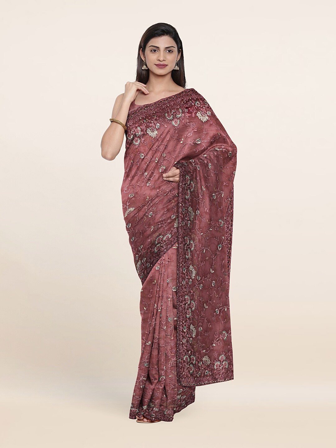 

Pothys Mauve & Green Floral Embroidered Net Saree