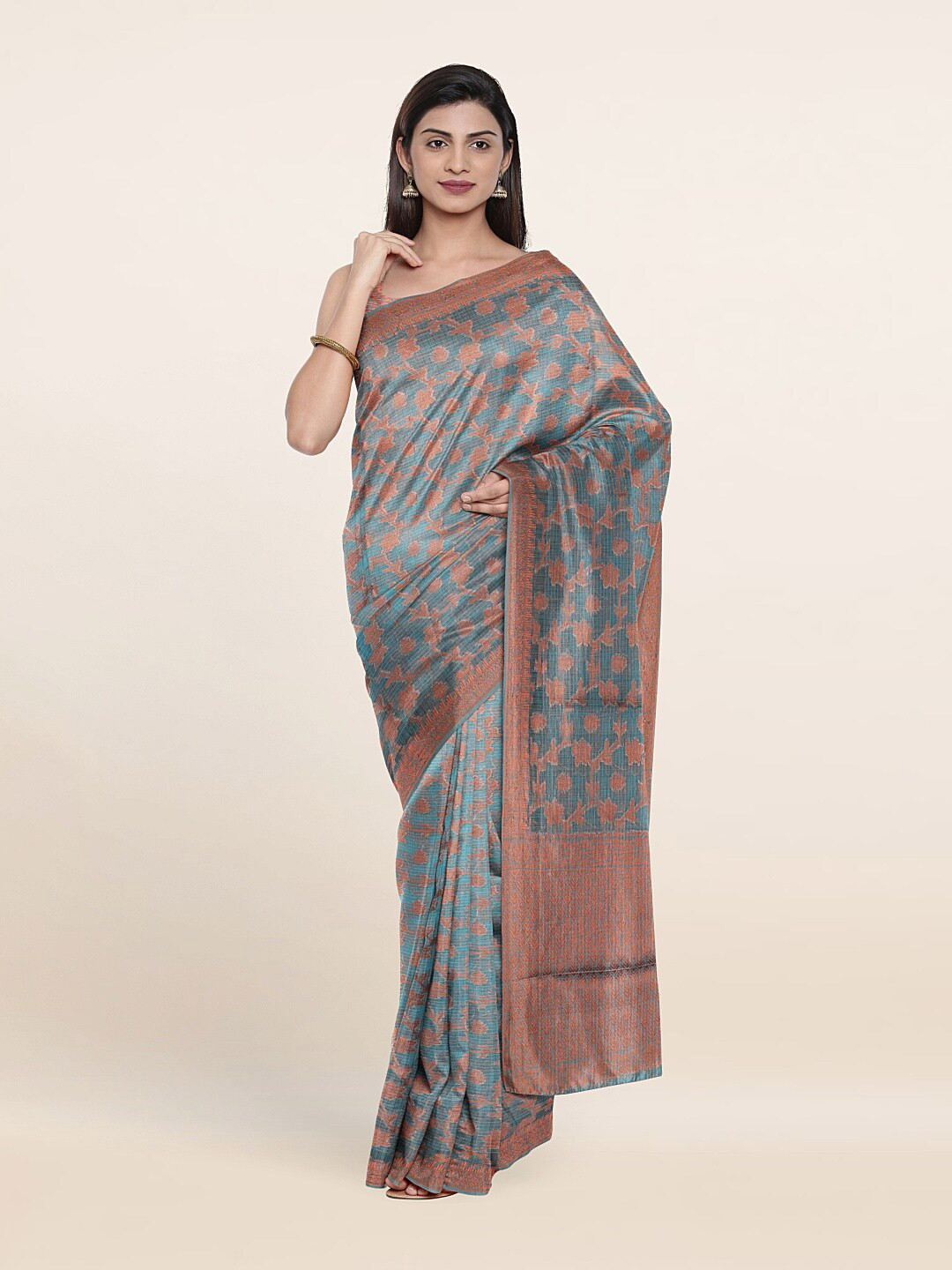 

Pothys Blue & Brown Floral Zari Jute Silk Saree