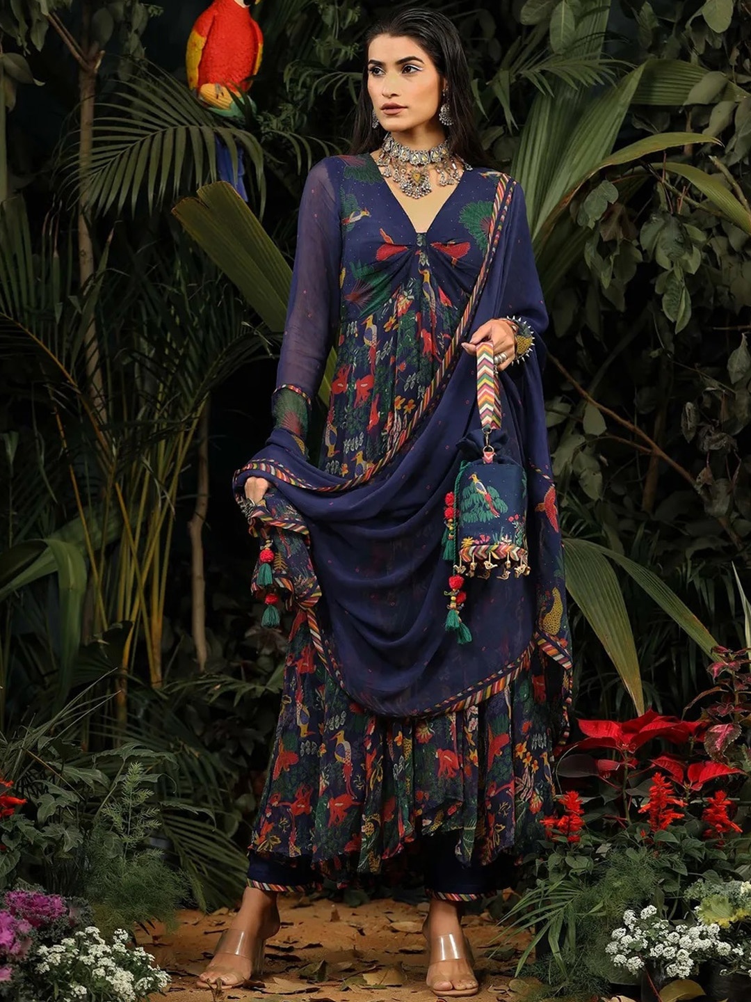 

Baise Gaba Women Navy Blue Floral Printed Pleated Kurta with Trousers & Dupatta