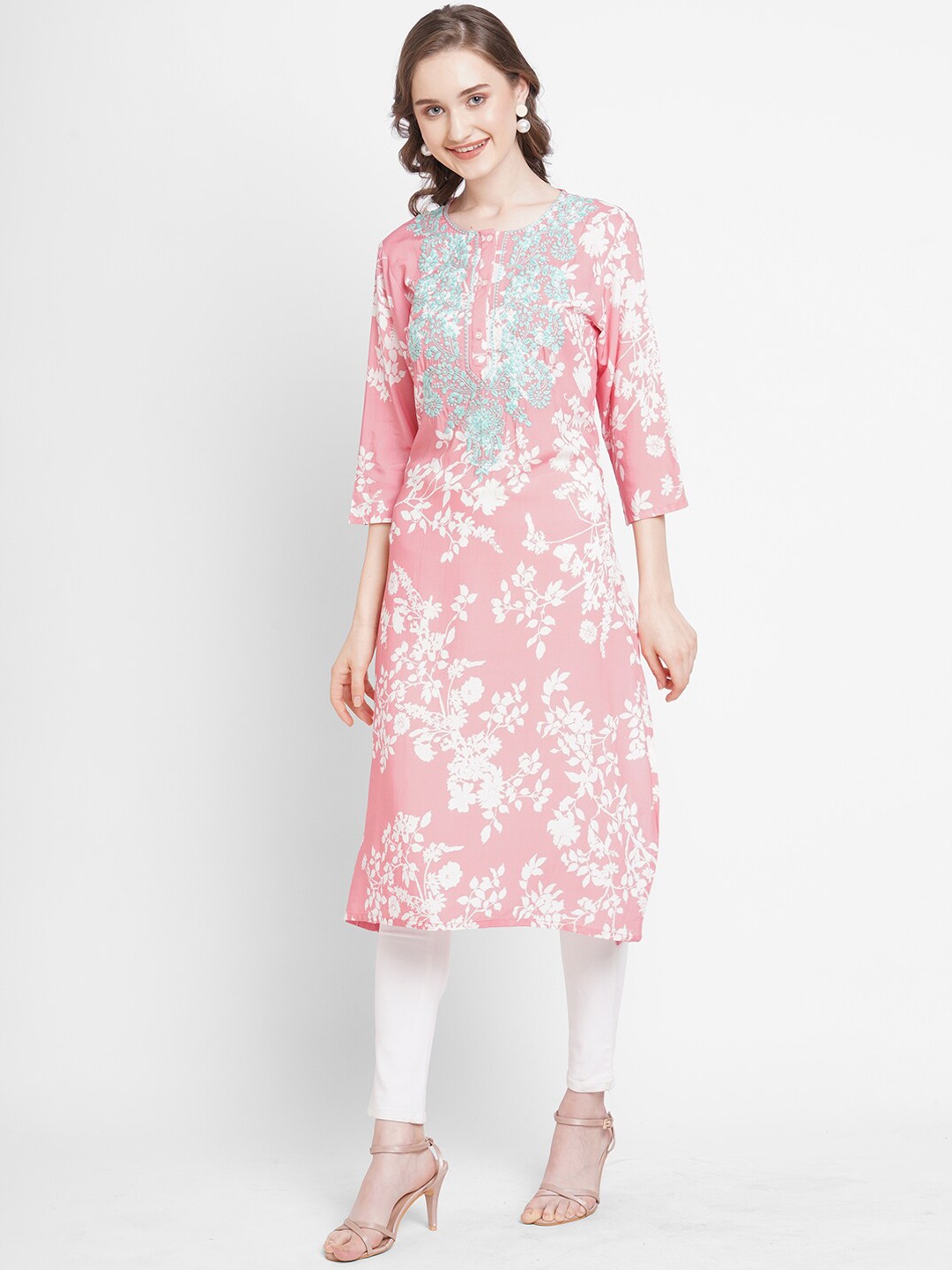 

Cloth Haus India Floral Printed Thread Work Floral Kurta, Pink