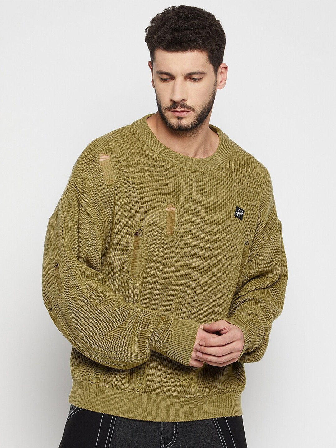

FUGAZEE Men Olive Green Cable Knit Acrylic Pullover
