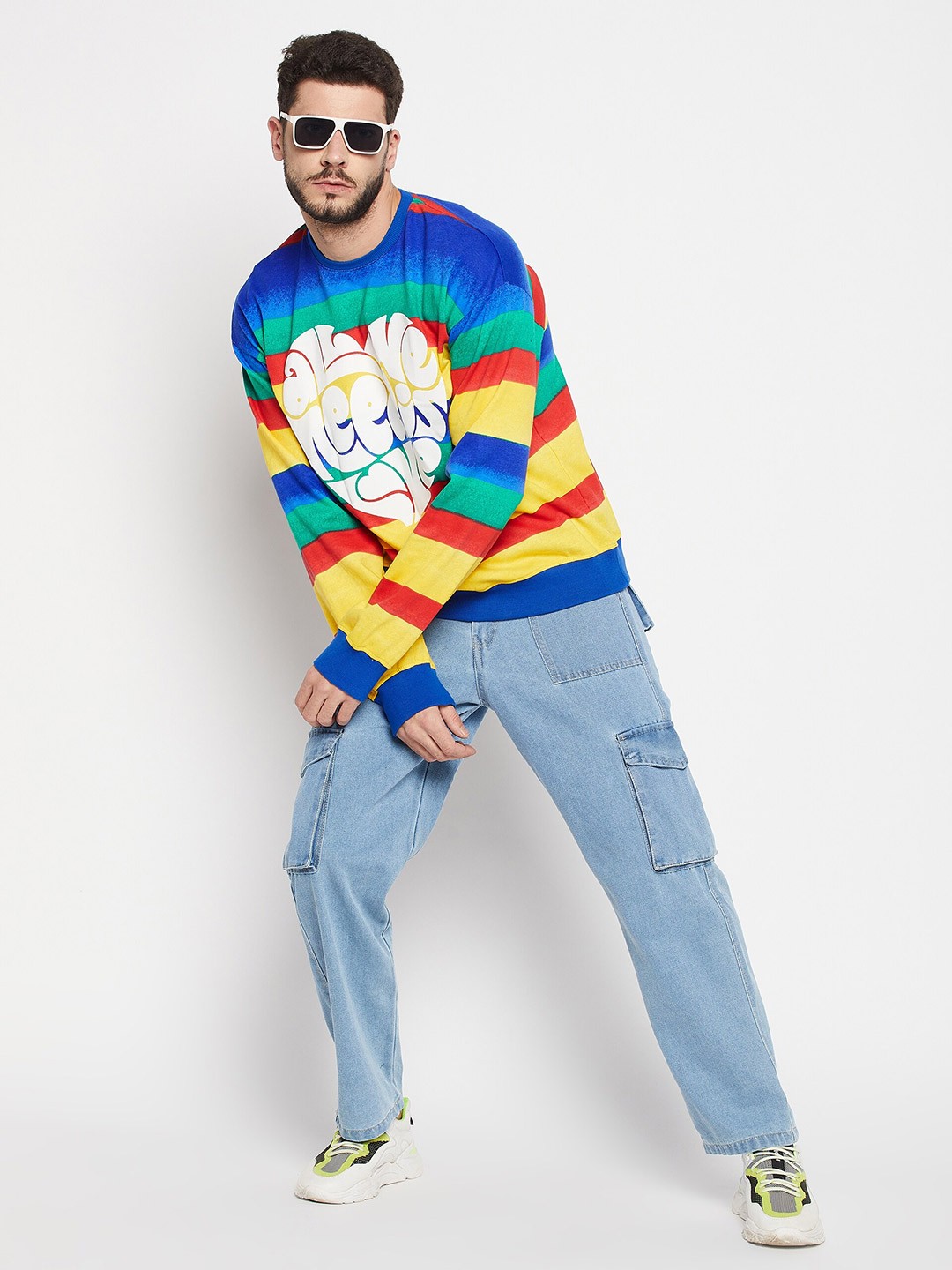 

FUGAZEE Men Typography Printed Striped Sweatshirt, Blue