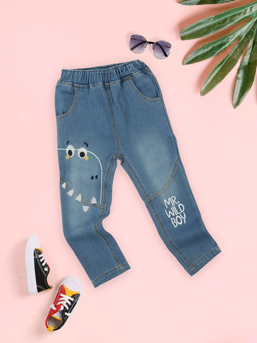 

MeeMee Boys Blue Low Distress Light Fade Embroidered Jeans