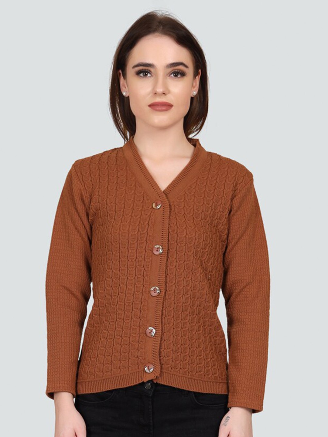 

NITSLINE Women Brown Self design Acrylic Cardigan Sweater