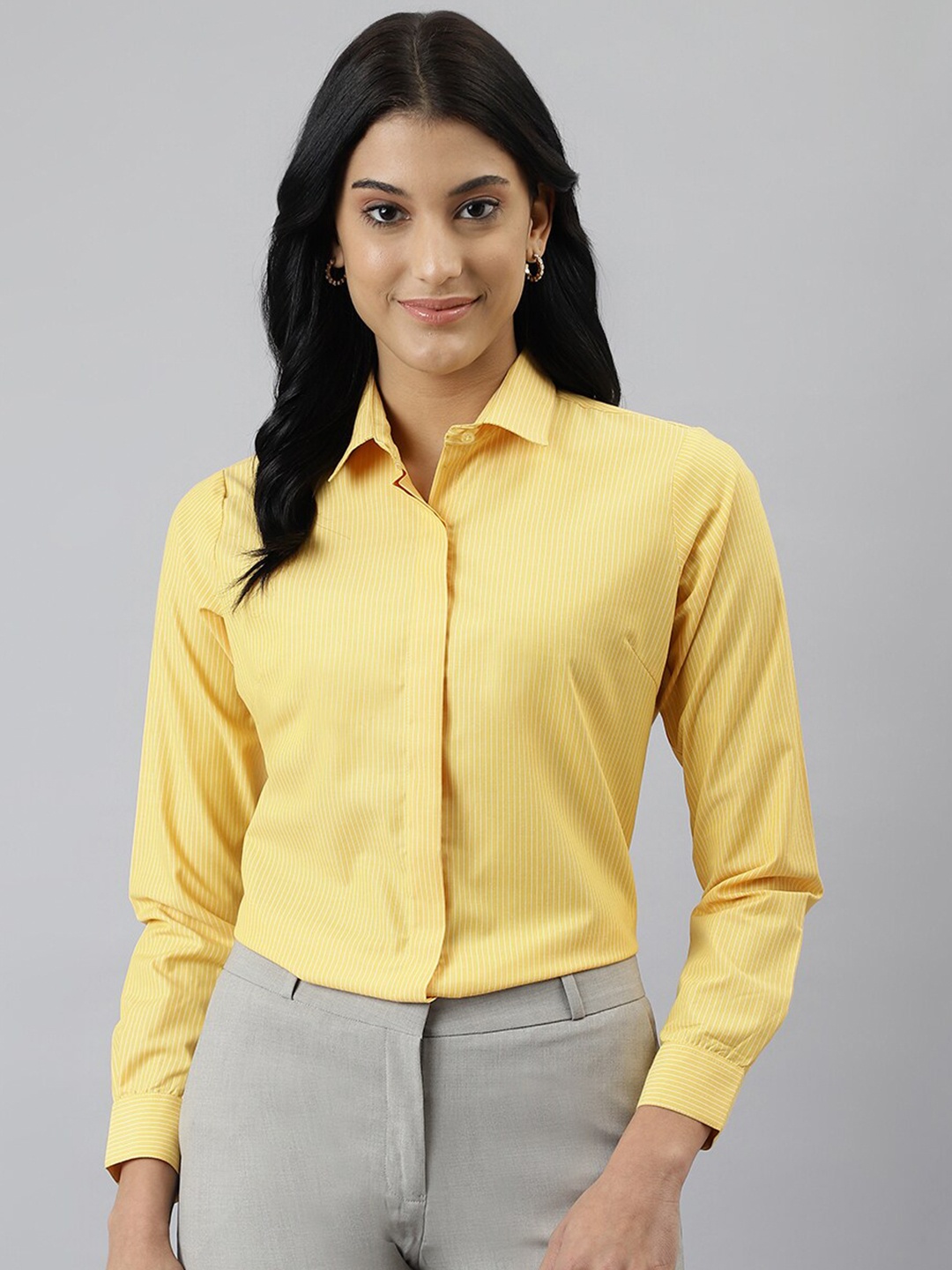 

English Navy Women Relaxed Pinstriped Formal Shirt, Yellow