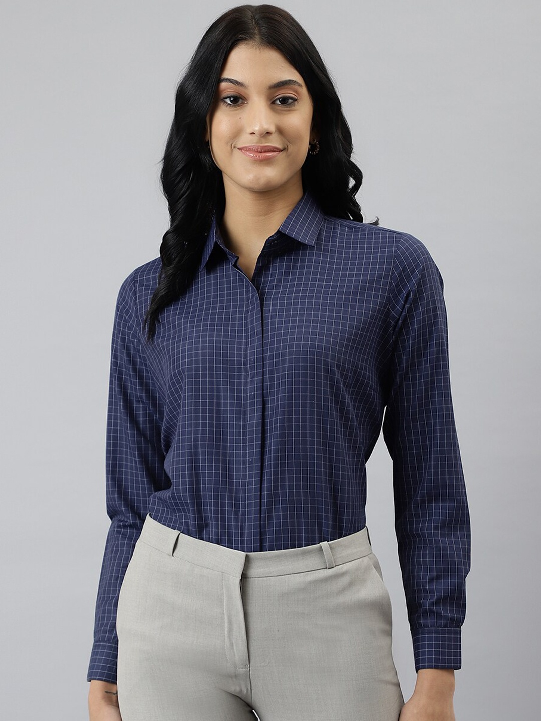 

English Navy Women Relaxed Grid Tattersall Checked Formal Shirt, Navy blue