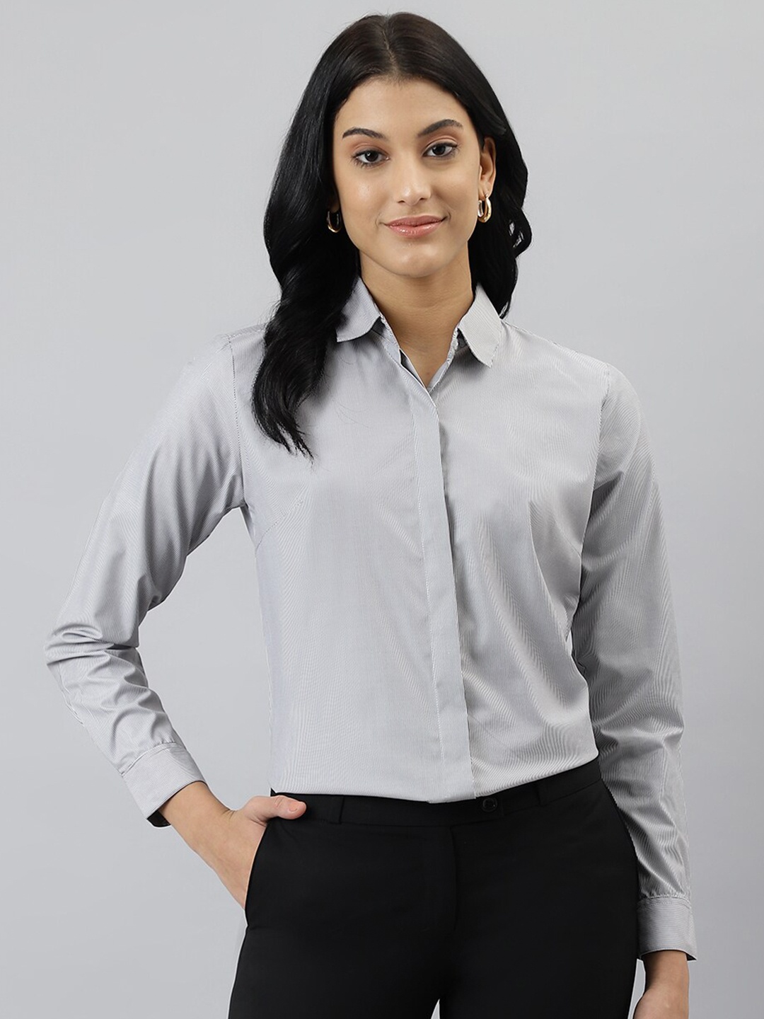 

English Navy Women Relaxed Pinstriped Formal Shirt, Grey