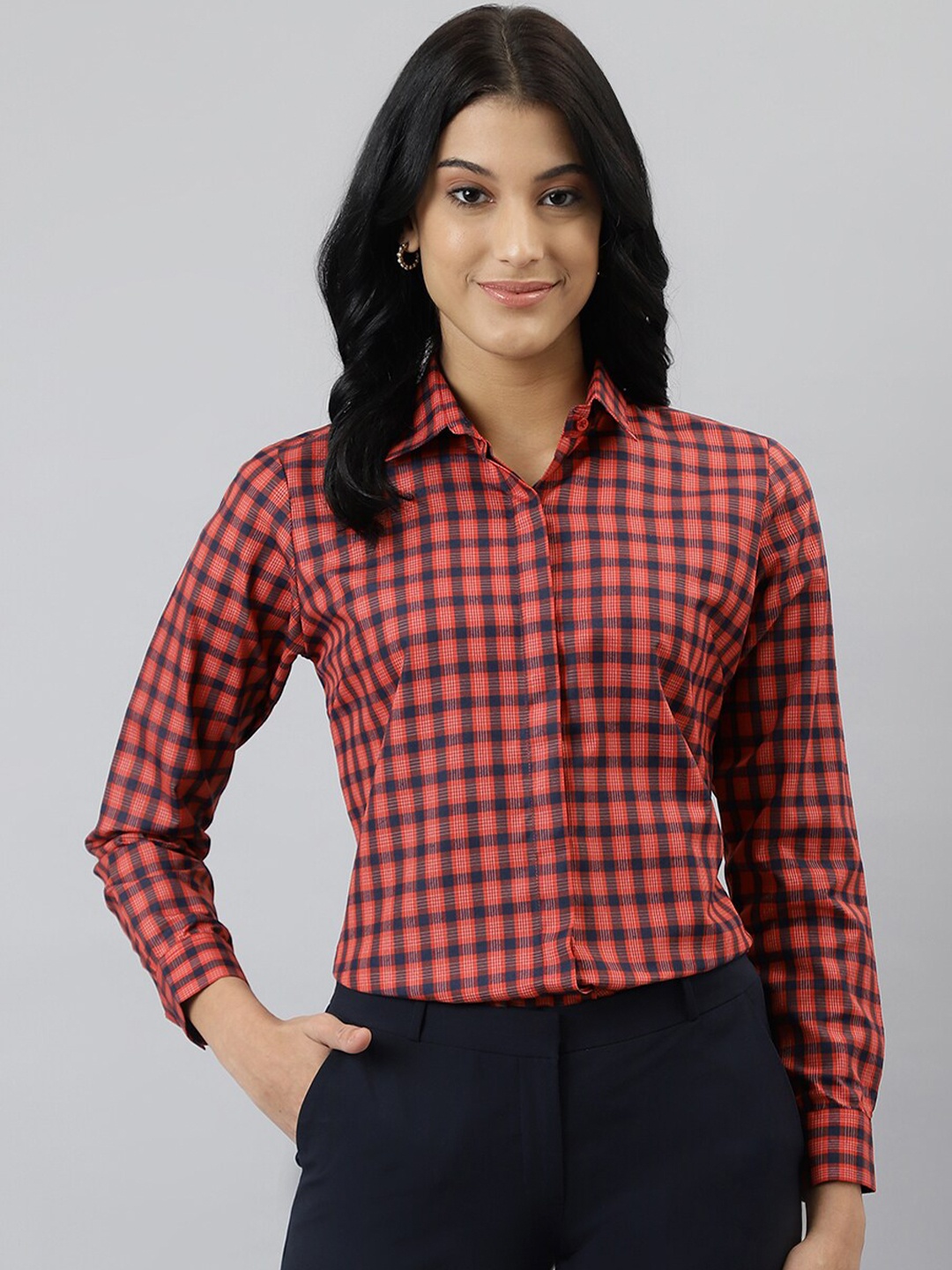

English Navy Women Red Relaxed Checked Formal Shirt