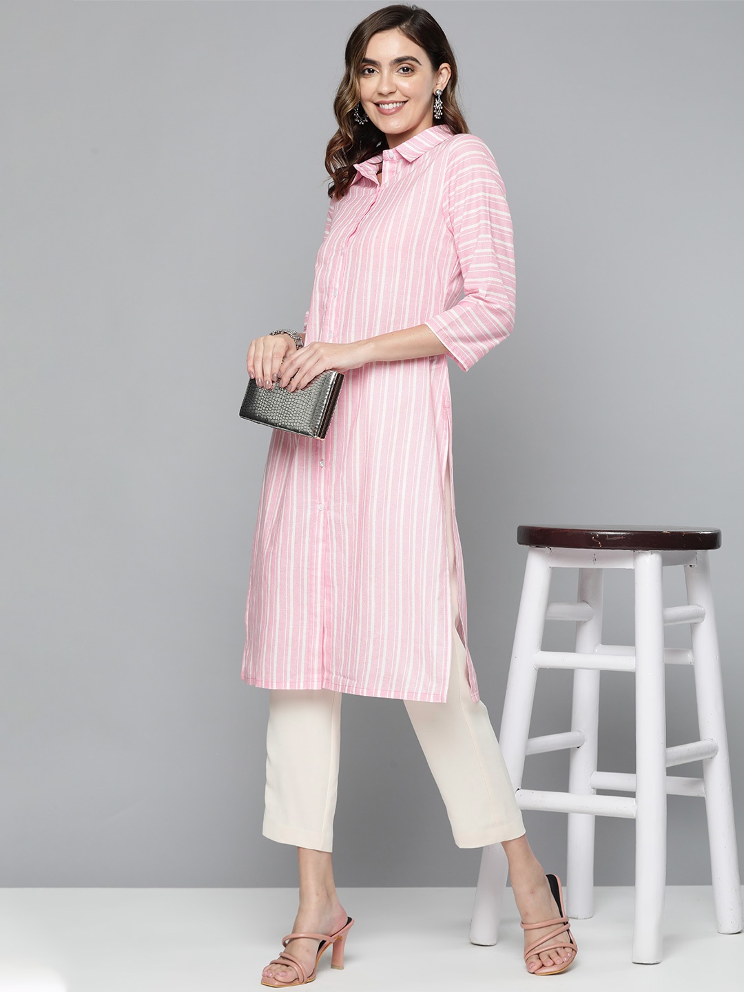 

HERE&NOW Women Pink & White Pure Cotton Striped Kurta