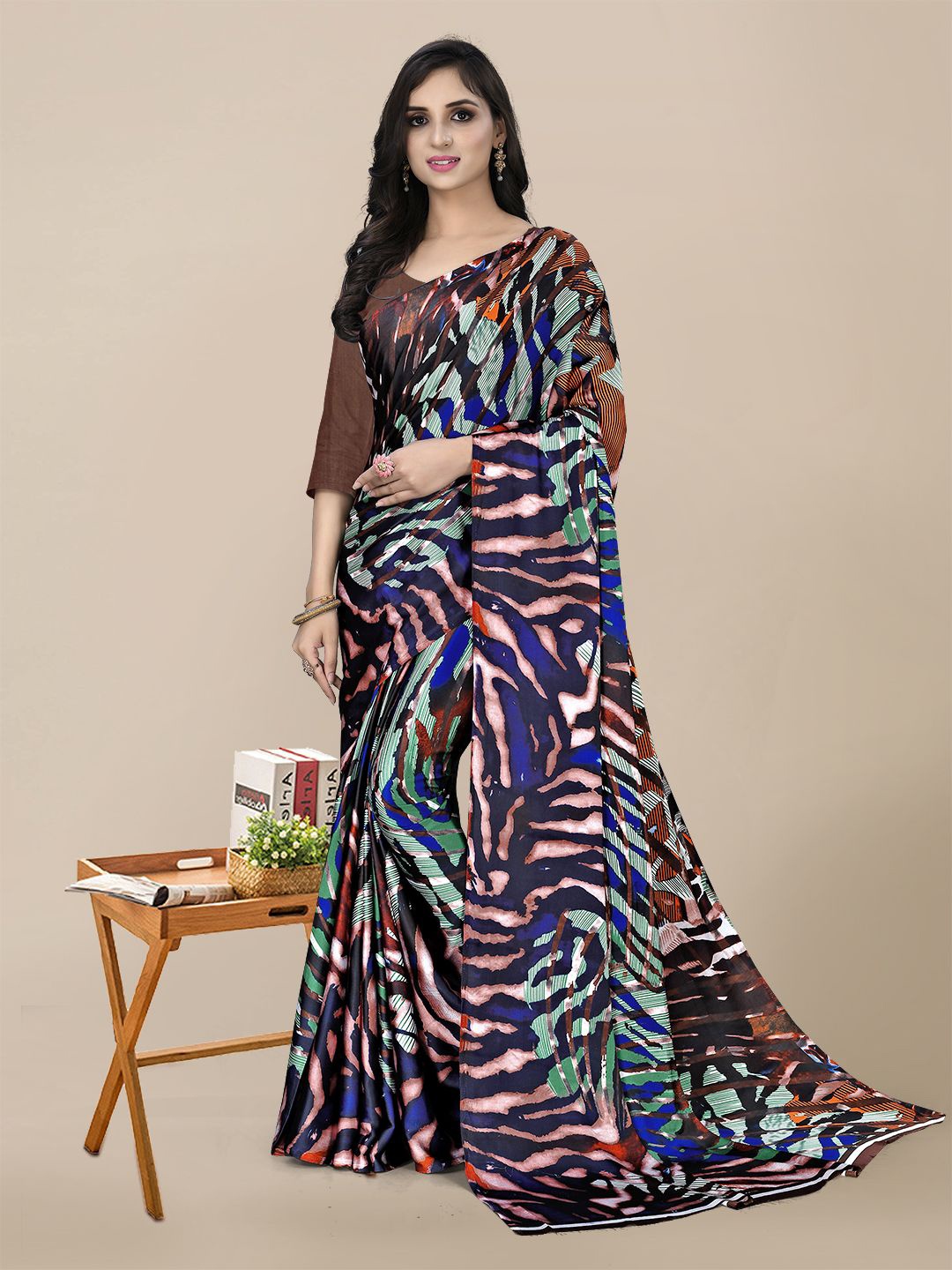 

KALINI Green & Blue Satin Printed Saree
