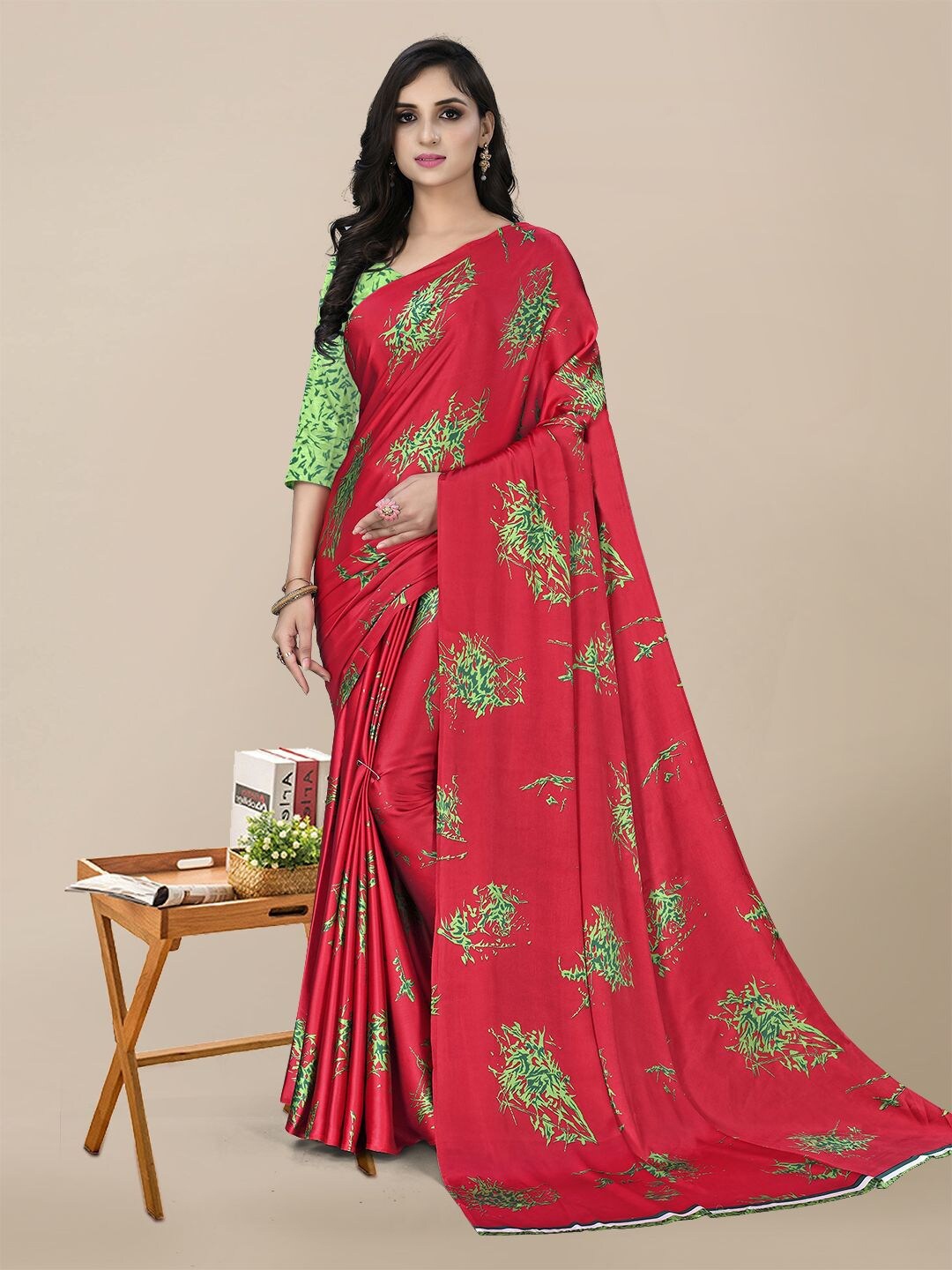 

KALINI Red & Green Printed Satin Saree