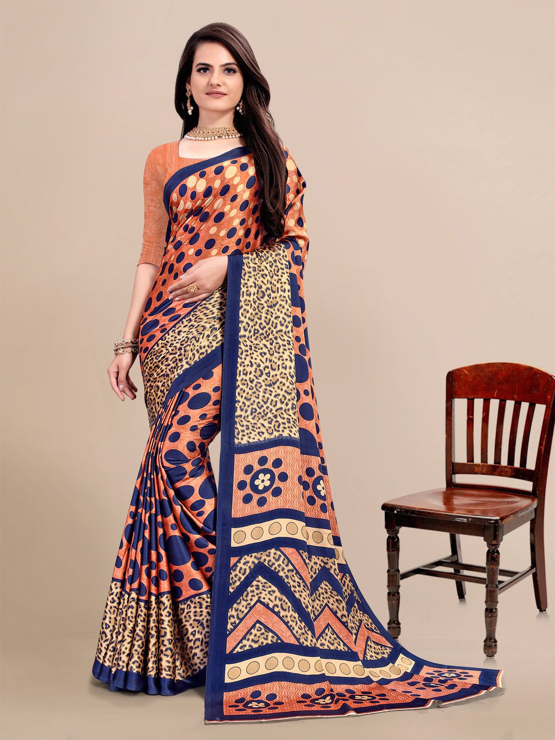 

KALINI Orange & Blue Satin Printed Saree