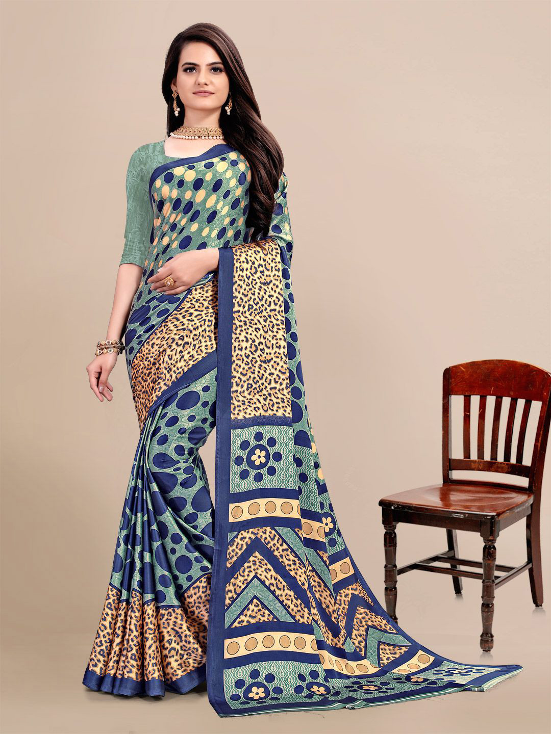 

KALINI Green & Blue Satin Printed Saree