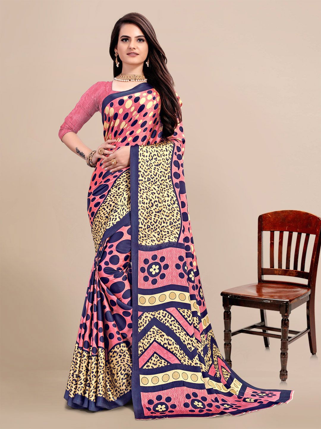 

KALINI Pink & Blue Satin Printed Saree