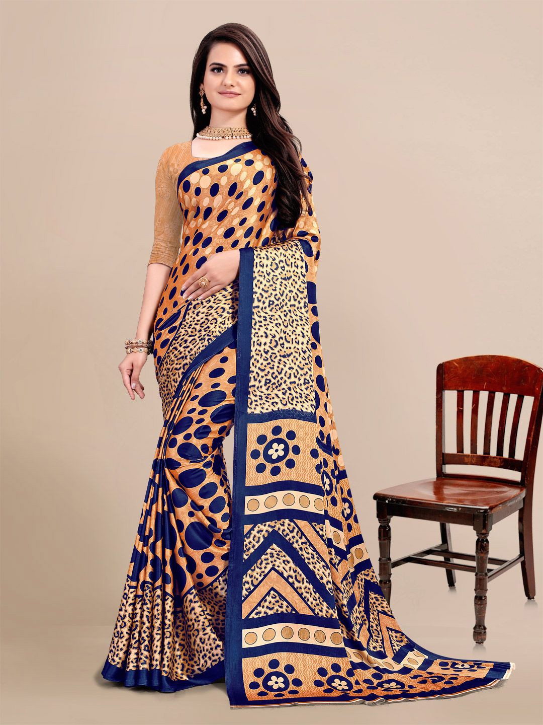 

KALINI Peach & Blue Satin Printed Saree