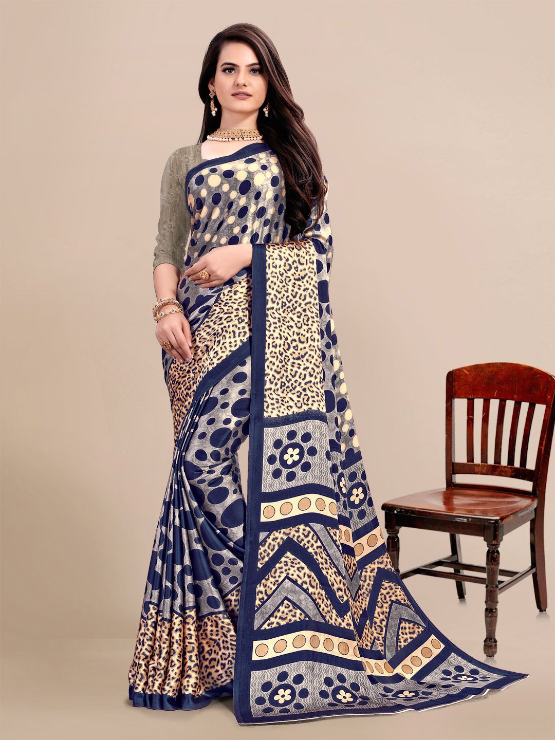 

KALINI Blue & Cream Satin printed Saree