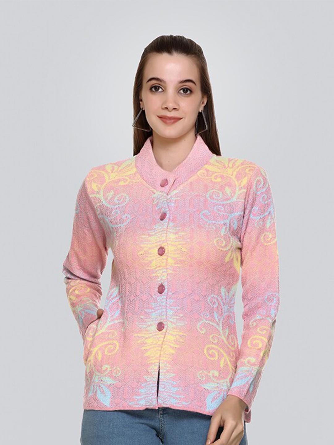 

Arshiya Women Pink & Blue Printed Cardigan