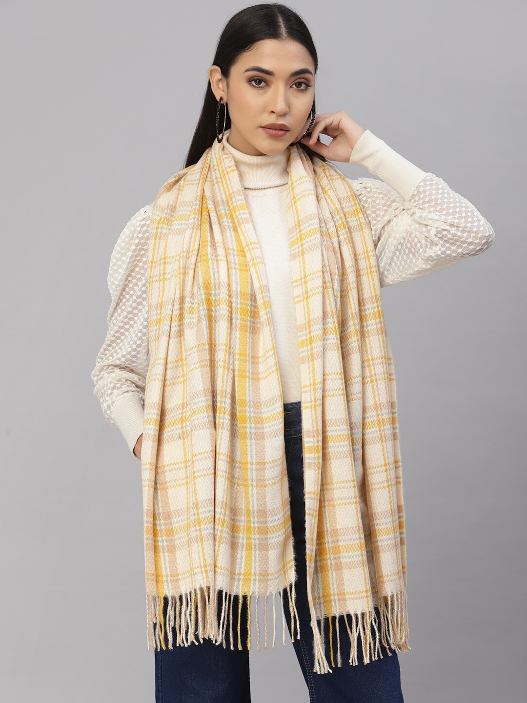 

Mafadeny Women Mustard & Yellow Checked Stole