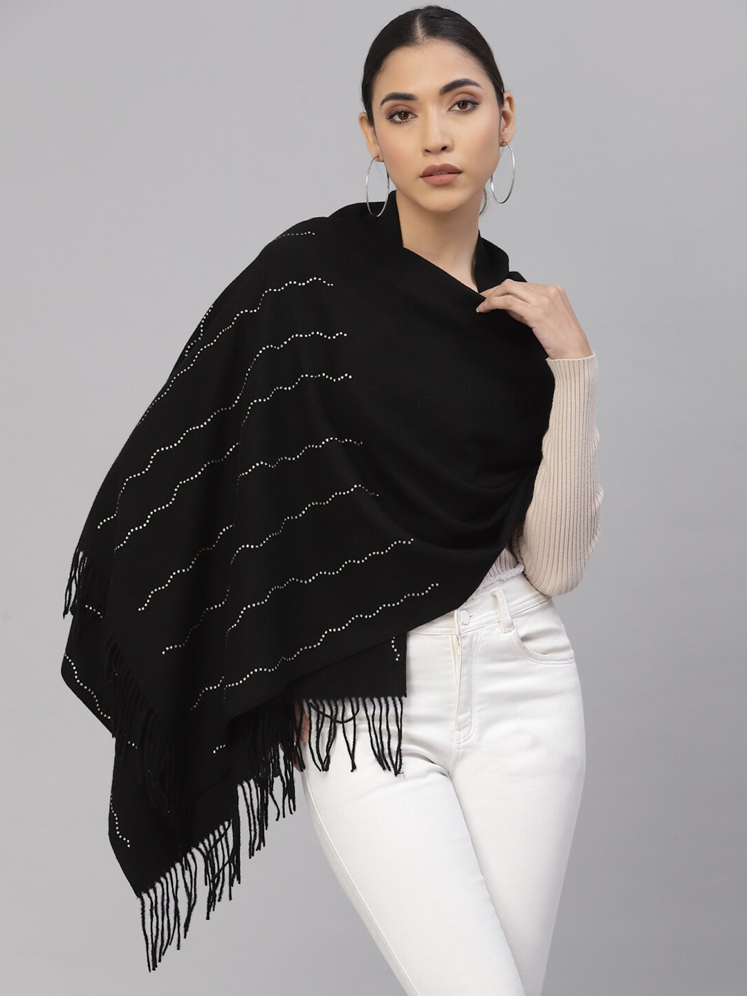 

Mafadeny Women Black & White Striped Stole