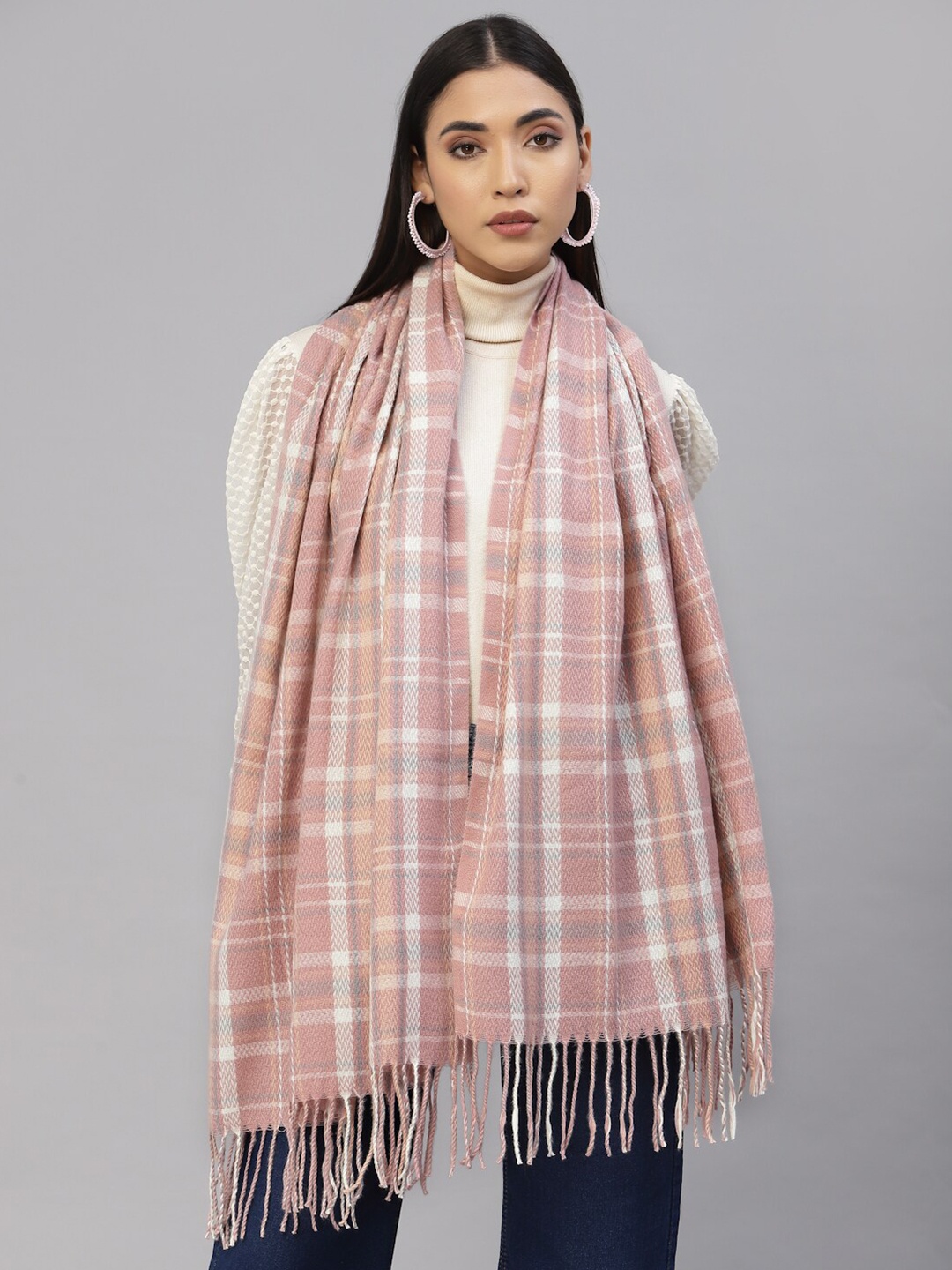 

Mafadeny Women Peach-Coloured & Yellow Checked Stole