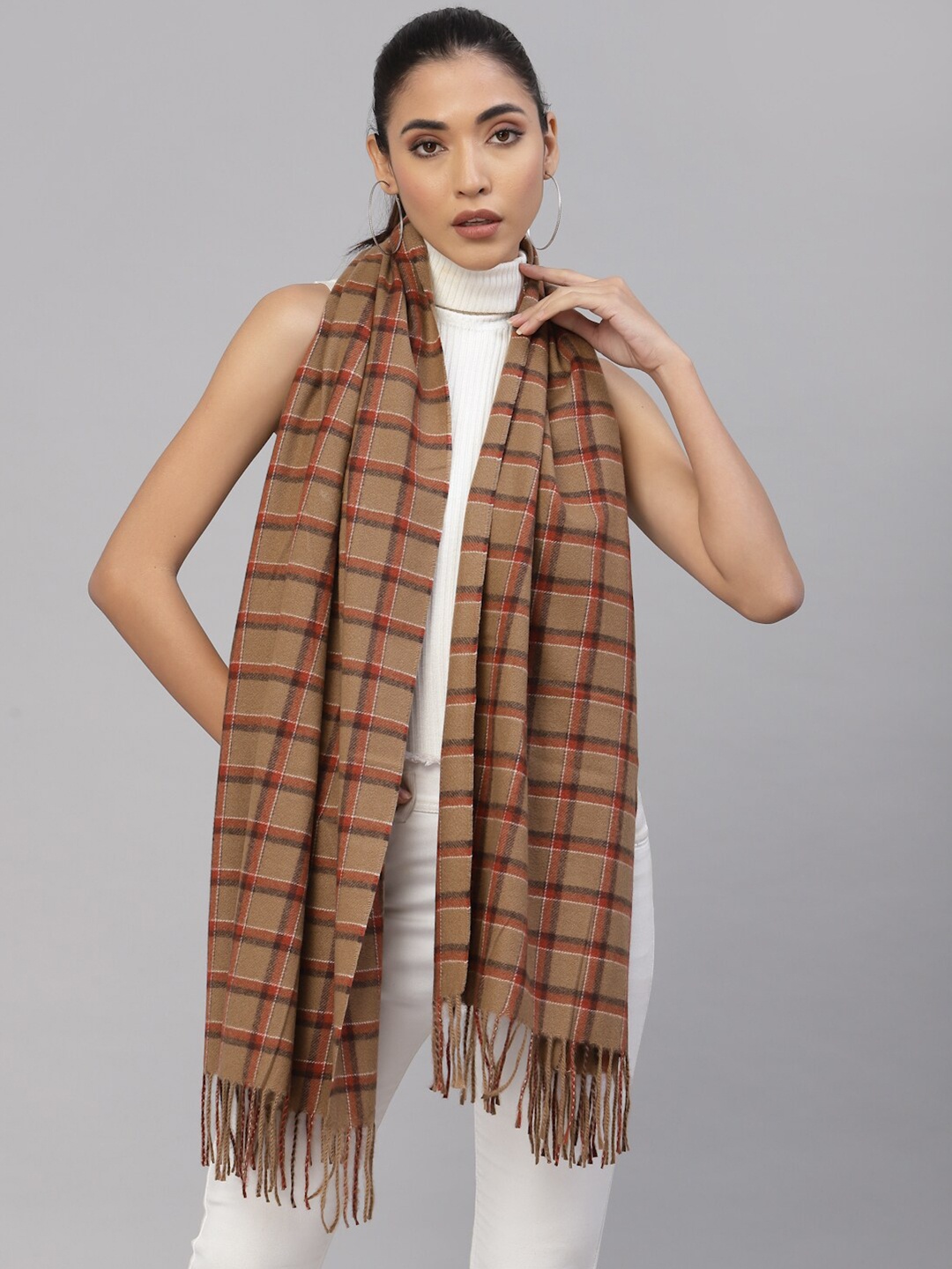 

Mafadeny Women Brown & Red Checked Stole