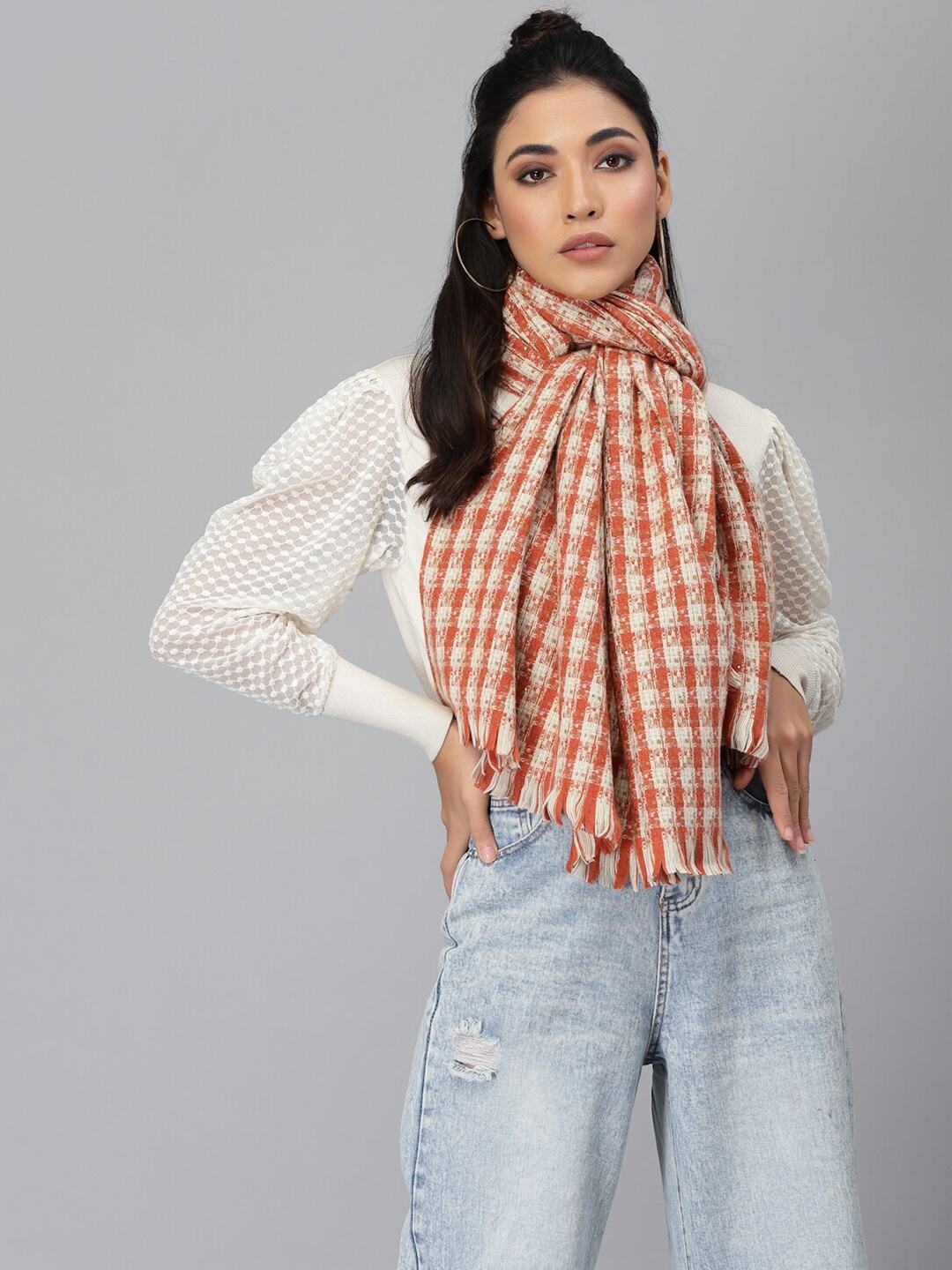 

Mafadeny Women Rust & White Checked Stole