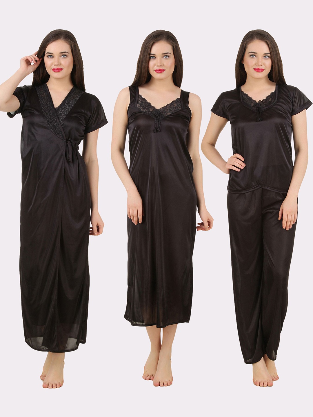 

Fasense Black 4 Piece Satin Maxi Nightdress