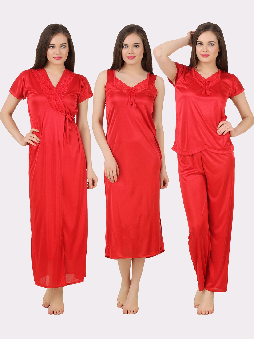 

Fasense Red 4 Piece Satin Maxi Nightdress