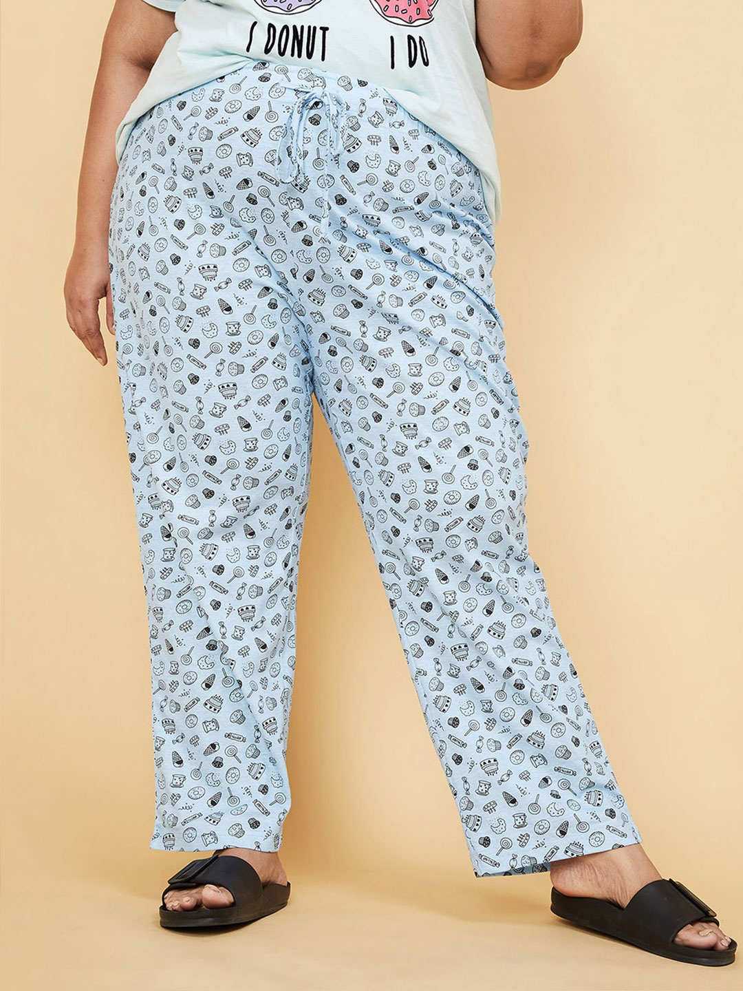 

max Women Plus Size Blue Graphic Printed Cotton Lounge Pants