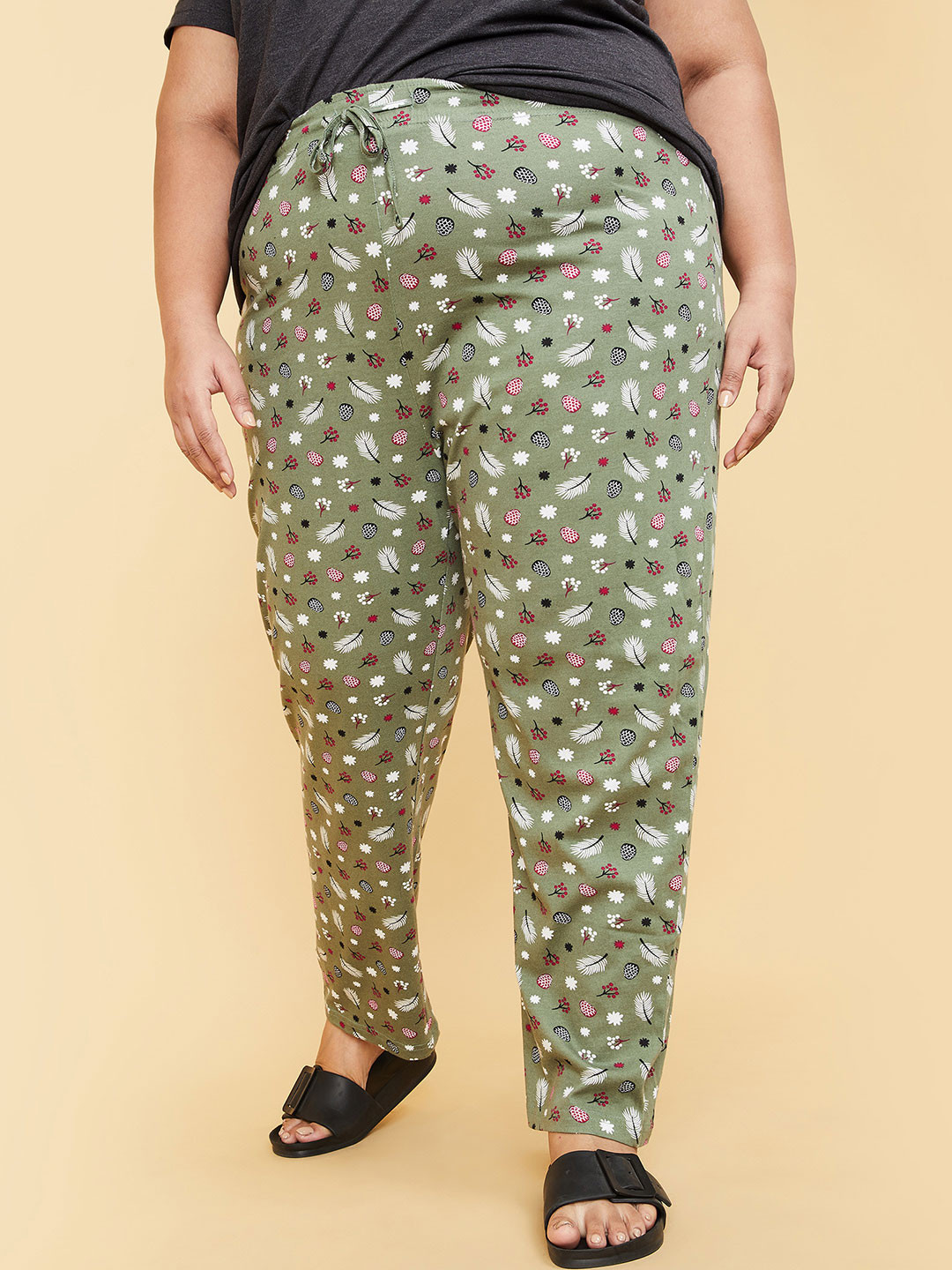

max Women Plus Size Green Printed Full-Length Elasticated Cotton Lounge Pants