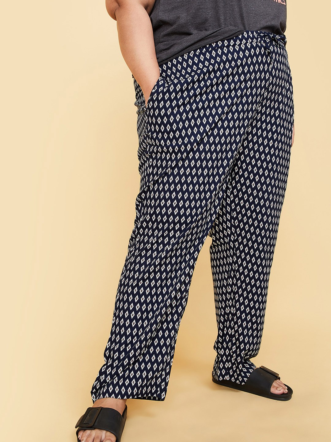 

max Women Plus Size Blue Printed Full-Length Elasticated Lounge Pants