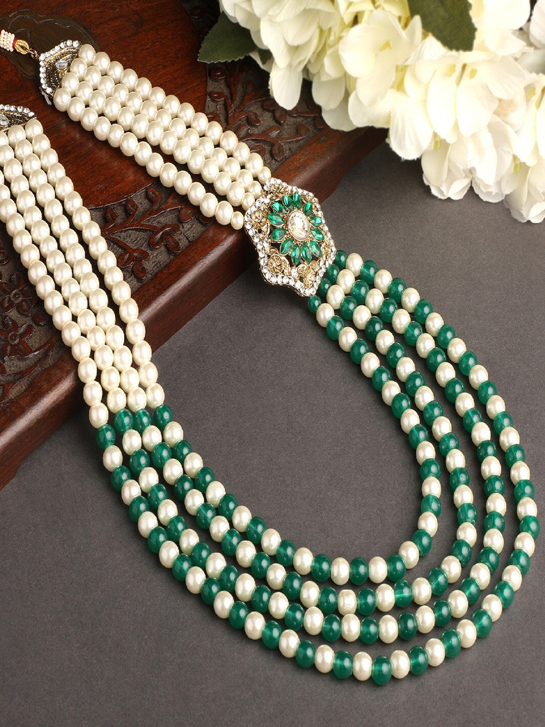 

Mahi Men Gold-Plated Green & White Layered Glass Beads Dulha Moti Mala Haar Necklace