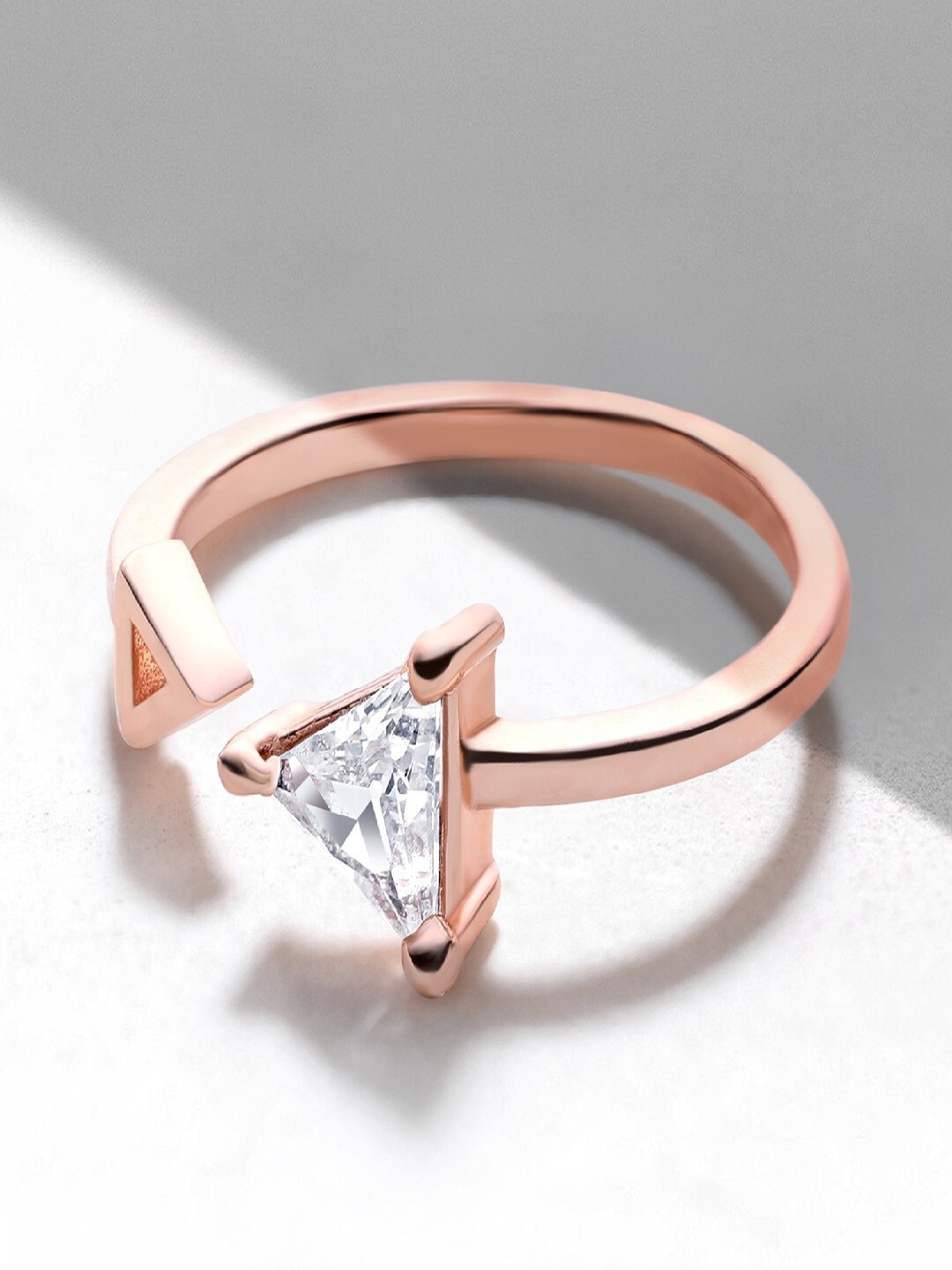 

Mahi Rose Gold-Plated Triangular Shaped White Cubic Zirconia Stone-Studded Finger Ring