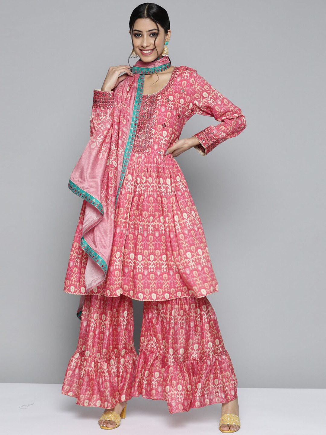 

Kvsfab Women Pink Printed Mirror Work Pure Silk Kurta with Sharara & With Dupatta