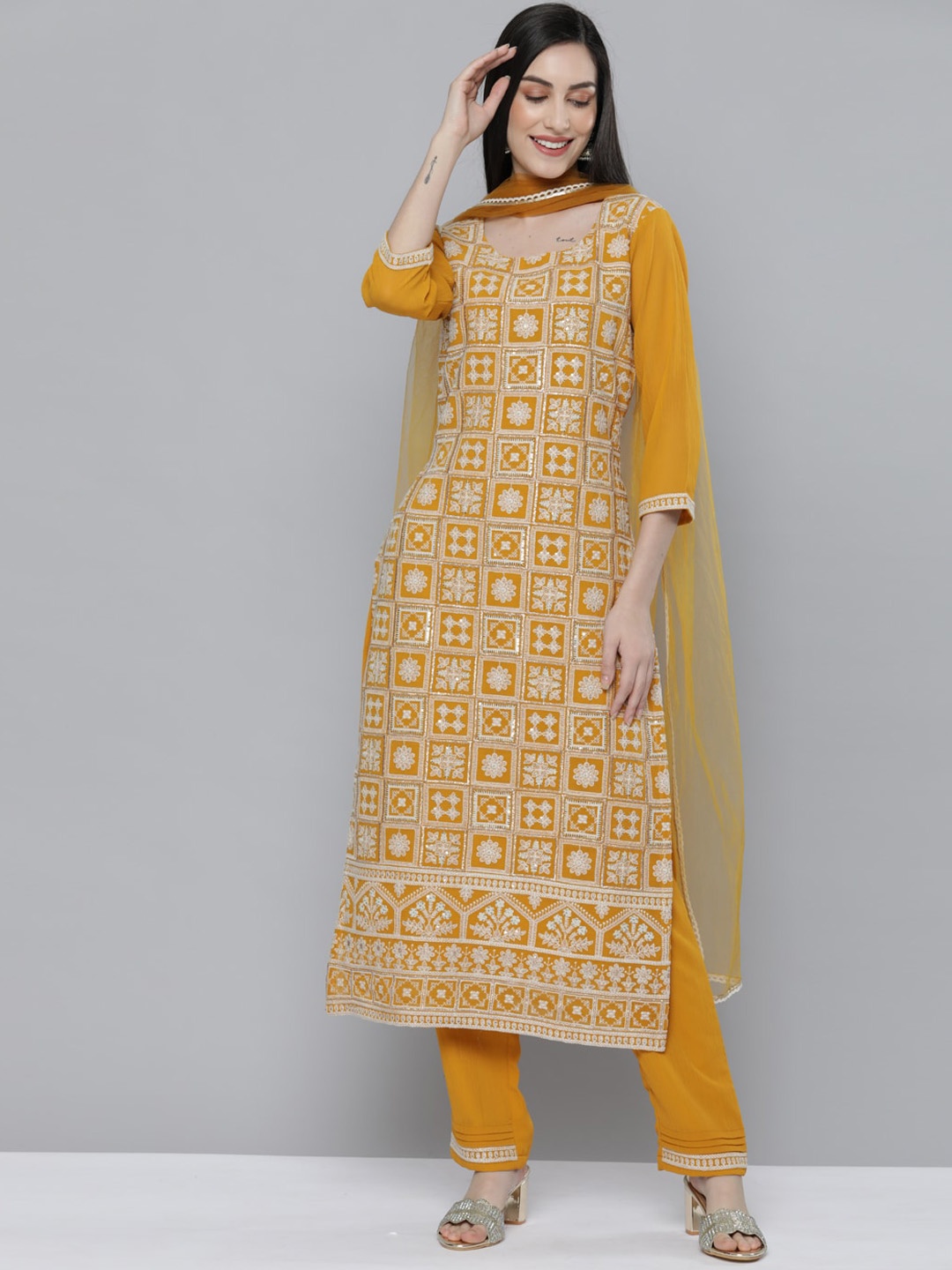 

Kvsfab Women Mustard Yellow Ethnic Motifs Embroidered Kurta with Trousers & With Dupatta