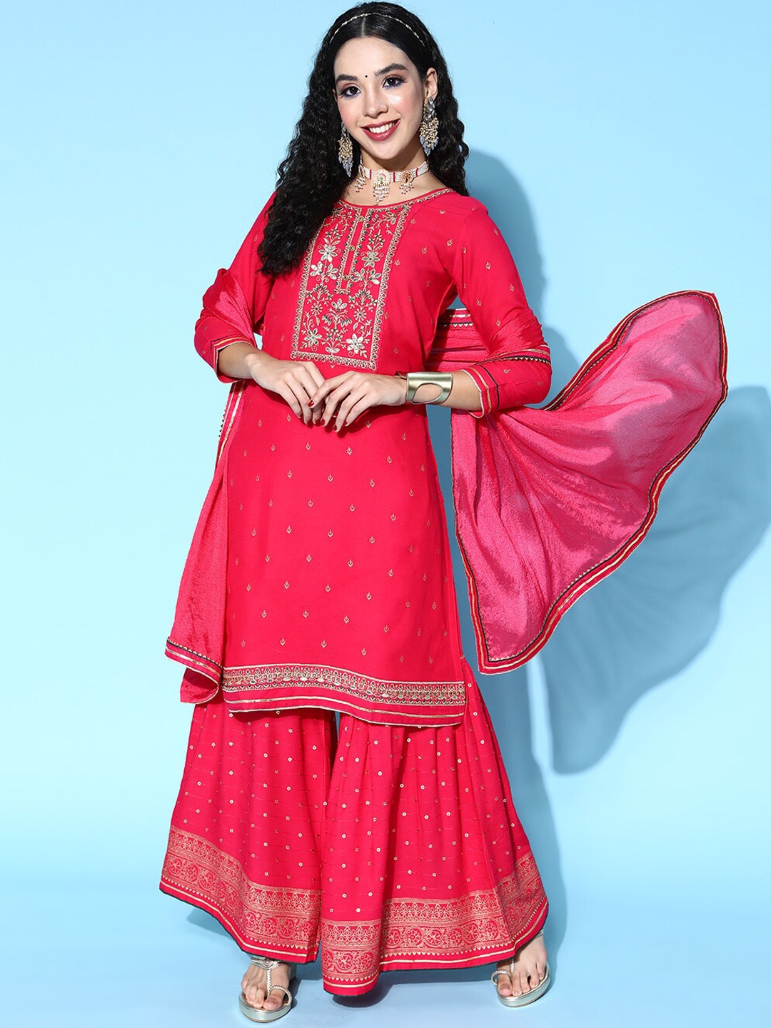 

Kvsfab Women Pink Floral Embroidered Kurta with Sharara & With Dupatta