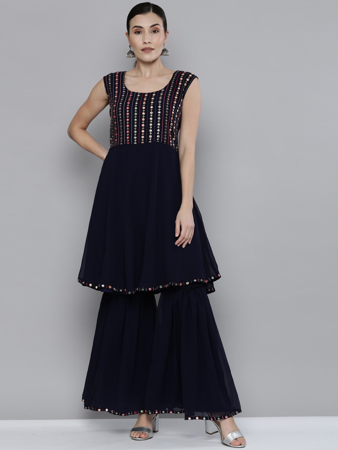 

Kvsfab Women Navy Blue Embroidered Mirror Work Kurti with Sharara