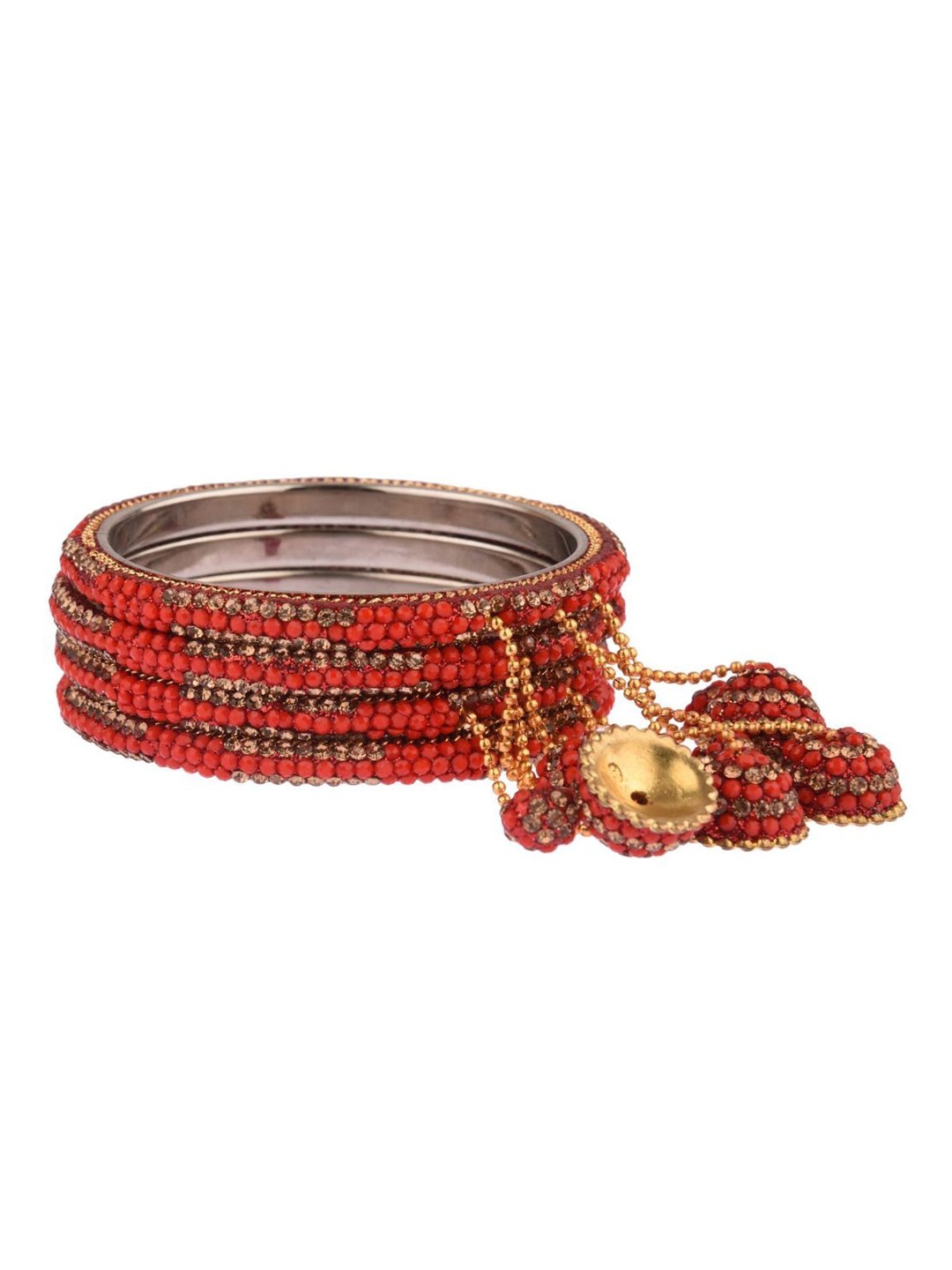 

Efulgenz Set Of 4 Gold-Plated Red Crystal Studded & Beaded Bangle