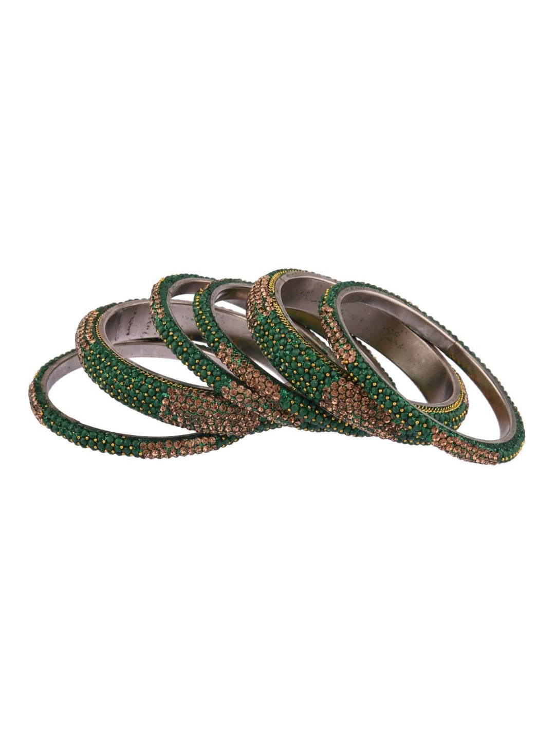 

Efulgenz Set Of 6 Rhodium-Plated Green Crystal Studded Bangles Set